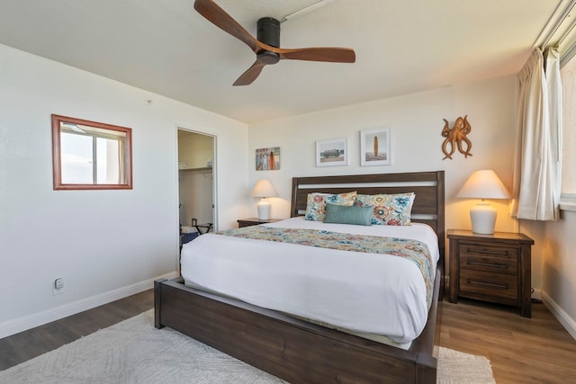 bedroom featuring baseboards, wood finished floors, ceiling fan, a spacious closet, and a closet