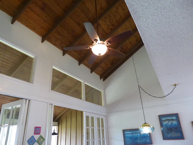 interior details featuring beam ceiling, ceiling fan, and wooden ceiling