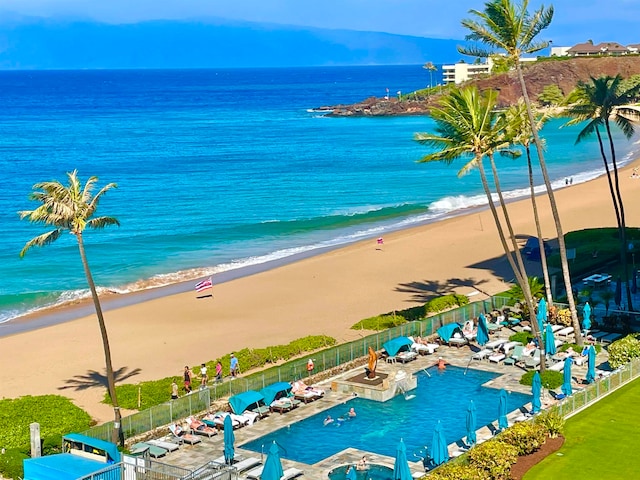 view of water feature with a beach view