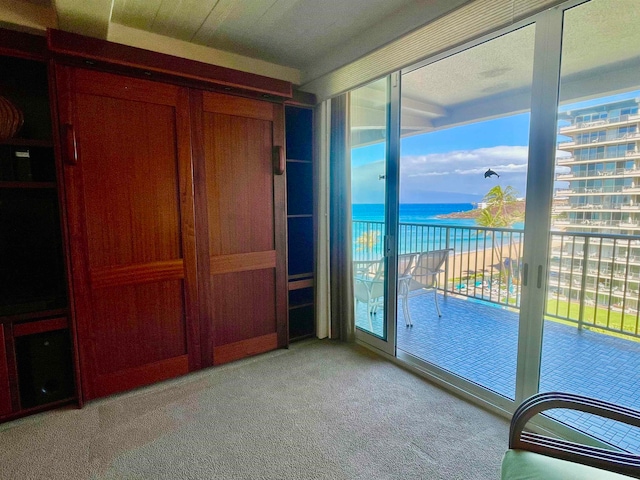 interior space featuring a water view and light colored carpet