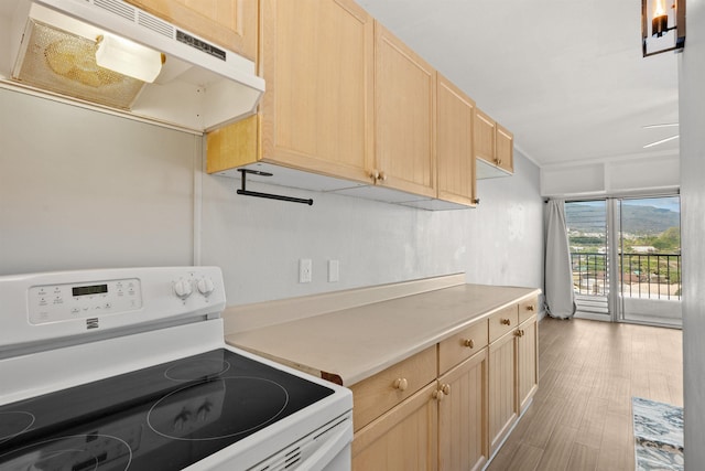 kitchen featuring white range with electric stovetop, light brown cabinets, and light wood-type flooring