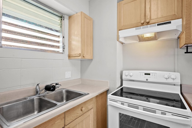 kitchen with decorative backsplash, light brown cabinets, electric range, and sink