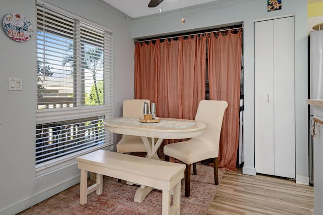 dining area with crown molding, a wealth of natural light, light hardwood / wood-style floors, and ceiling fan