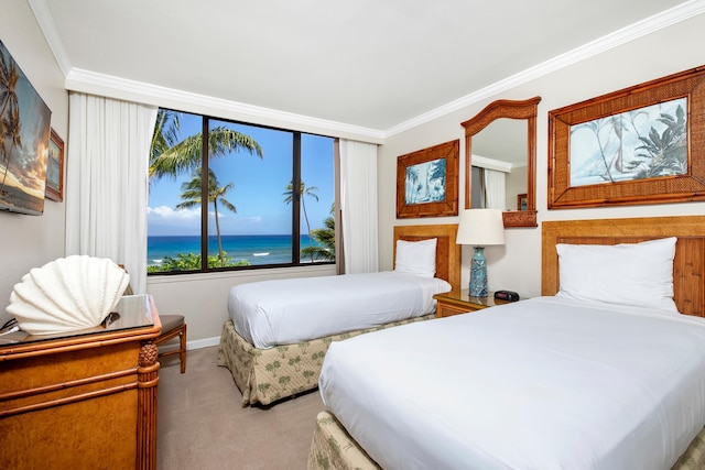 bedroom featuring a water view, ornamental molding, and light colored carpet