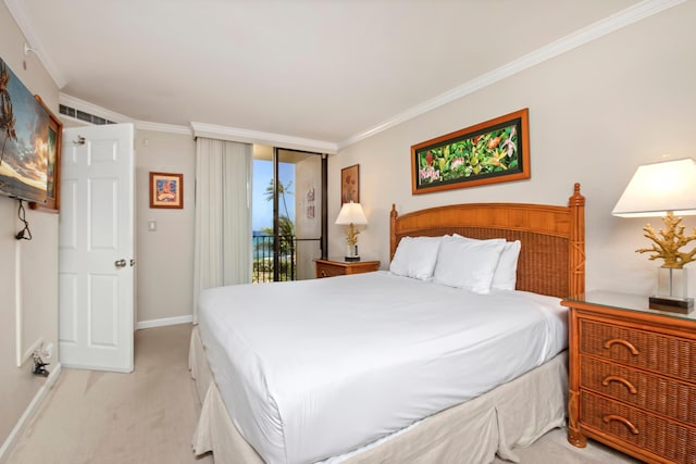 bedroom featuring light colored carpet, baseboards, access to outside, ornamental molding, and expansive windows