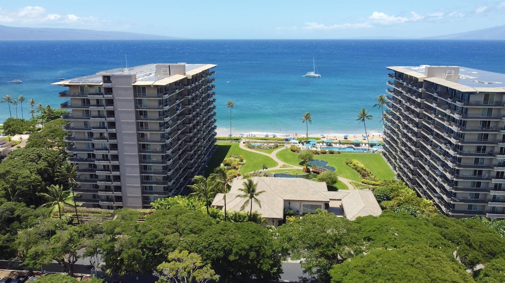 bird's eye view with a water view