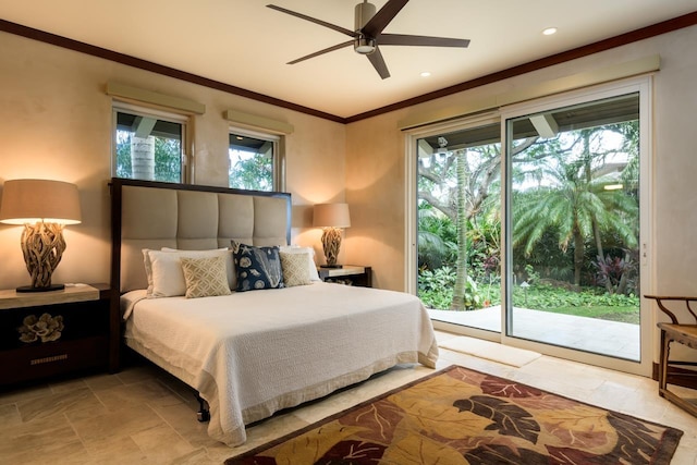 bedroom with access to outside, multiple windows, ornamental molding, and ceiling fan