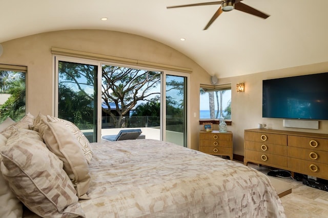 bedroom with access to exterior, multiple windows, and ceiling fan