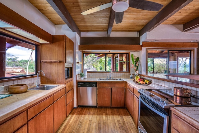 kitchen featuring appliances with stainless steel finishes, sink, backsplash, and beamed ceiling