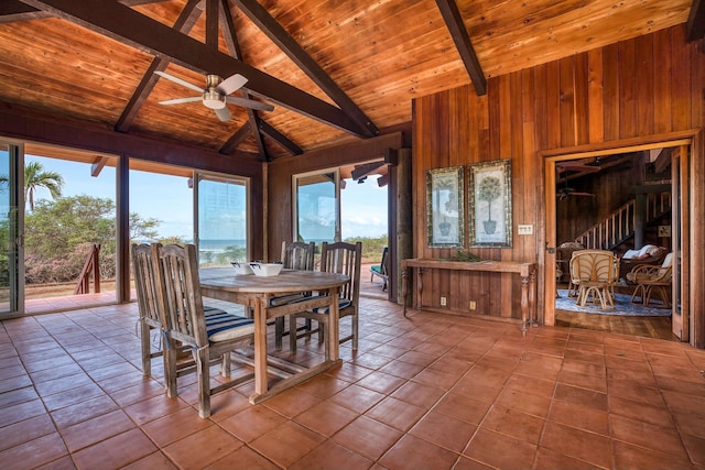 dining space featuring wood ceiling, beam ceiling, ceiling fan, and tile flooring