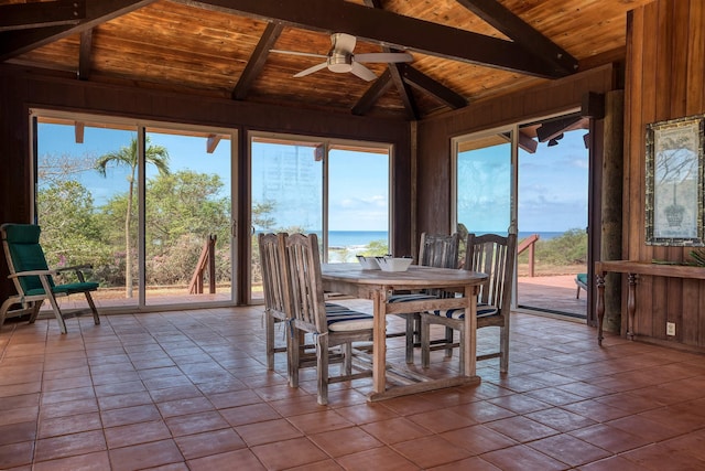 sunroom featuring vaulted ceiling with beams, wooden ceiling, ceiling fan, and a water view