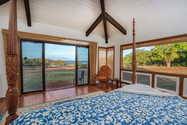 bedroom featuring hardwood / wood-style flooring, access to outside, and vaulted ceiling with beams