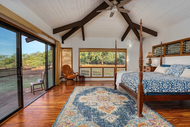 bedroom with vaulted ceiling with beams, ceiling fan, access to exterior, and hardwood / wood-style flooring