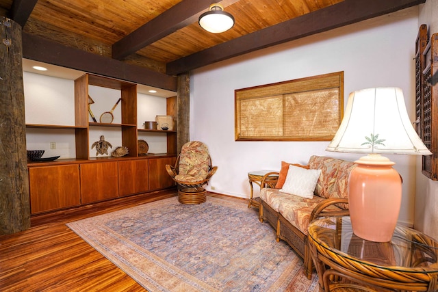 sitting room featuring beamed ceiling, wood-type flooring, and wood ceiling