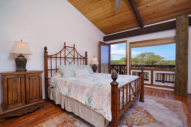 bedroom with vaulted ceiling with beams, wooden ceiling, hardwood / wood-style flooring, and access to exterior