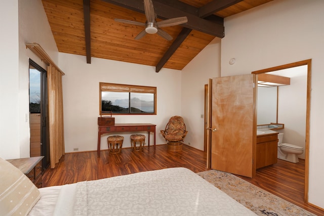 bedroom featuring lofted ceiling with beams, wooden ceiling, ensuite bath, and dark hardwood / wood-style floors