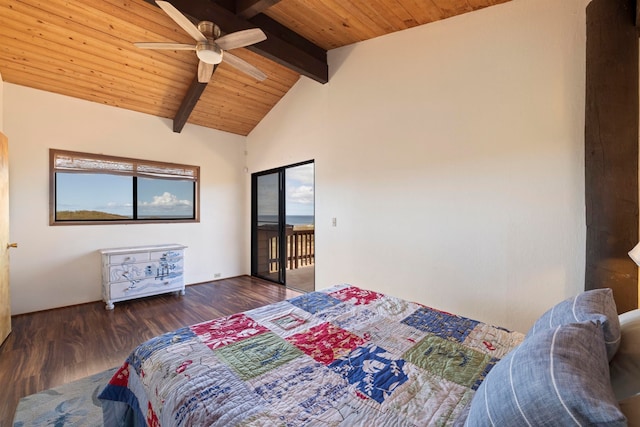 bedroom featuring ceiling fan, vaulted ceiling with beams, access to outside, dark wood-type flooring, and wood ceiling