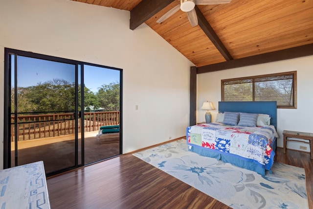 bedroom with ceiling fan, vaulted ceiling with beams, access to exterior, dark wood-type flooring, and wood ceiling