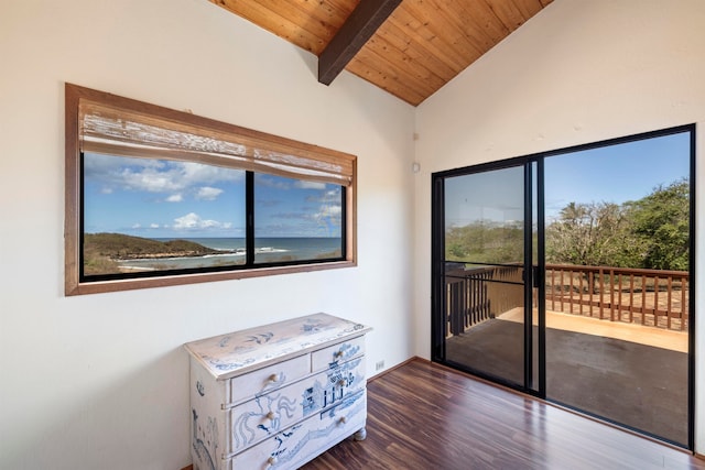 doorway to outside featuring wood ceiling, lofted ceiling with beams, and dark wood-type flooring