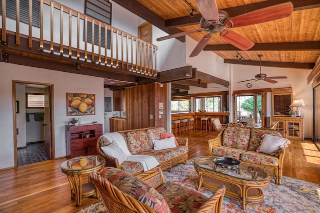 living room with wood ceiling, high vaulted ceiling, wood-type flooring, and ceiling fan