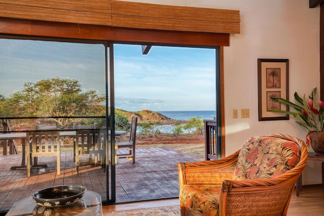 doorway featuring hardwood / wood-style floors and a water view