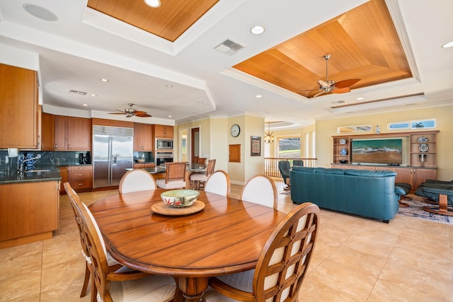 dining room featuring a tray ceiling, a healthy amount of sunlight, and wood ceiling