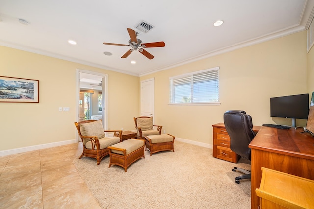 office featuring tile patterned floors, ceiling fan, and ornamental molding