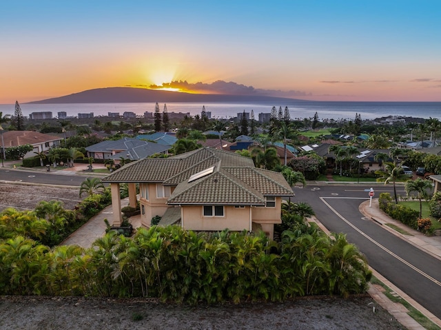 aerial view at dusk featuring a water and mountain view