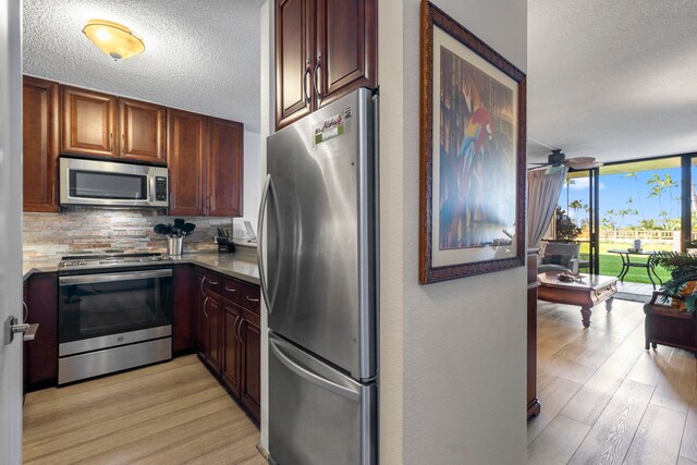 kitchen with tasteful backsplash, appliances with stainless steel finishes, expansive windows, and light hardwood / wood-style flooring