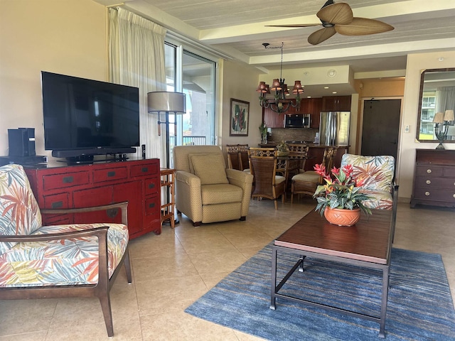 2481 Kaanapali Pkwy Unit 101A, Lahaina, HI 96761 - living room featuring a chandelier, light tile patterned floors, a ceiling fan, and beam ceiling