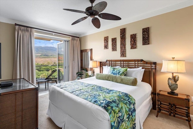 bedroom featuring ceiling fan, crown molding, access to outside, and carpet floors