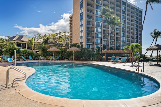 view of swimming pool featuring a patio area