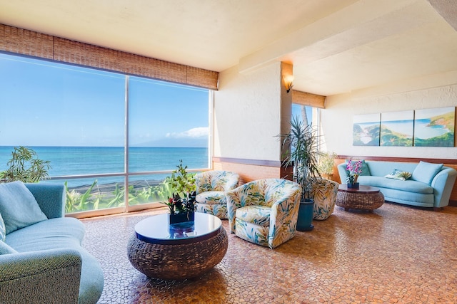 living room featuring a healthy amount of sunlight and a water view