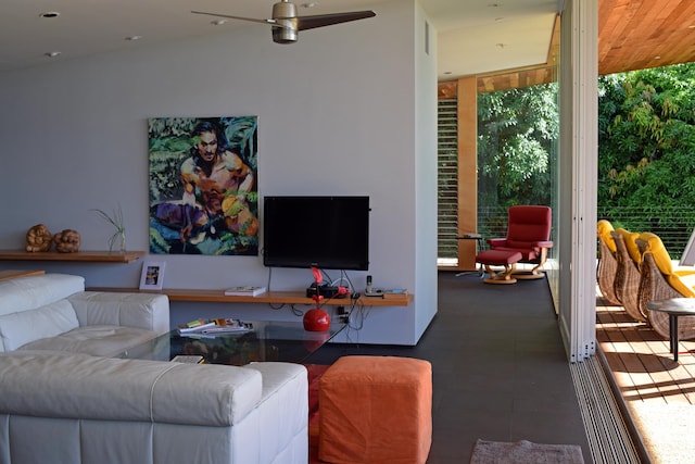 living room with vaulted ceiling and ceiling fan