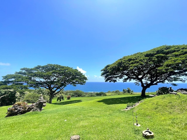 surrounding community with a water view and a lawn