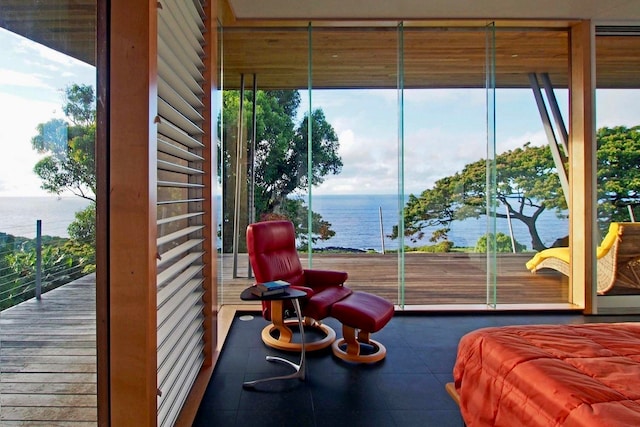 bedroom featuring multiple windows and a water view