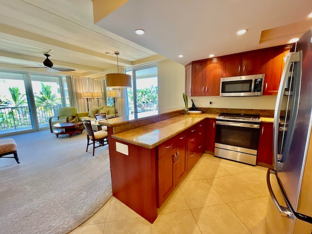 kitchen featuring a wealth of natural light, stainless steel appliances, light colored carpet, and light stone counters