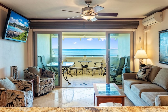 tiled living room with ceiling fan, a water view, and a wall mounted air conditioner