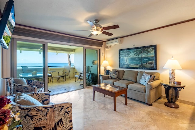 tiled living room with a wall mounted AC, ceiling fan, a water view, and ornamental molding