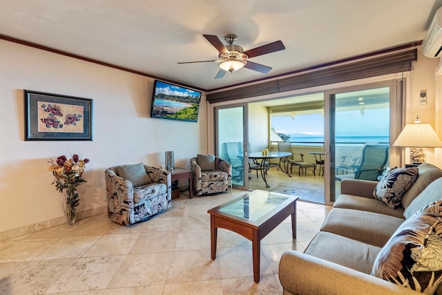 living room featuring ceiling fan, light tile patterned floors, and crown molding