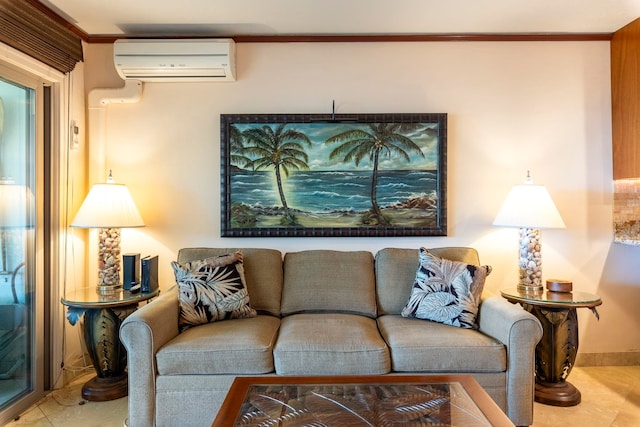 living room with a wall mounted AC and ornamental molding