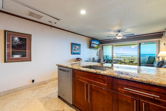 kitchen with light stone countertops, stainless steel dishwasher, ceiling fan, and sink