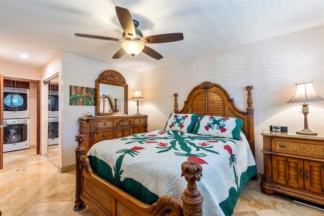 bedroom featuring a closet, stacked washing maching and dryer, and ceiling fan