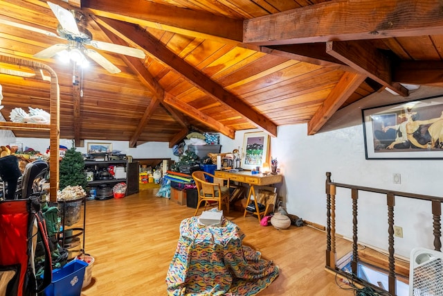 bonus room featuring ceiling fan, lofted ceiling with beams, wood-type flooring, and wood ceiling