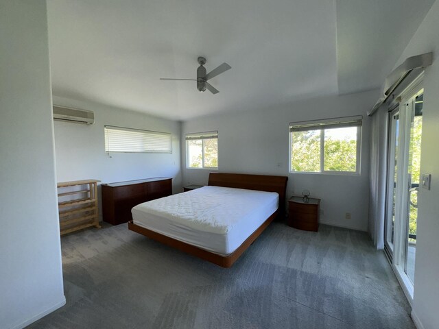 living room with ceiling fan, lofted ceiling, and light carpet