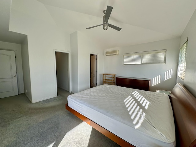 carpeted bedroom featuring vaulted ceiling, ceiling fan, and a wall mounted air conditioner