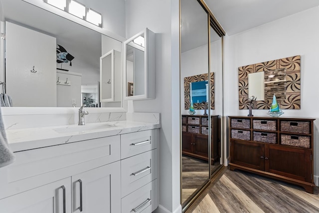 bathroom with hardwood / wood-style flooring and vanity