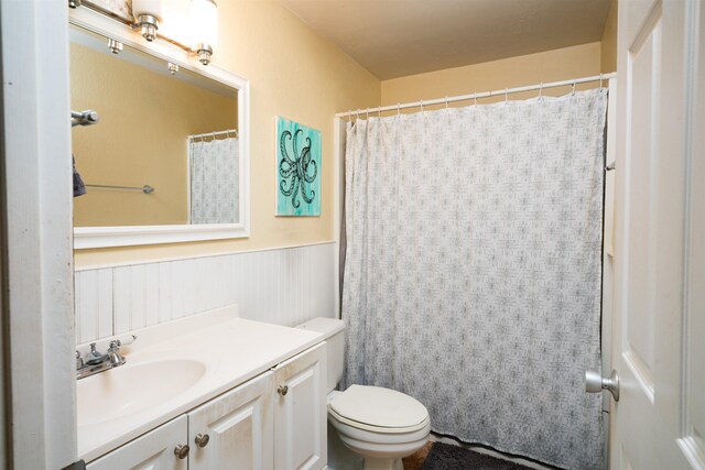 250 Kahiko St, Paia, HI 96779 - bathroom featuring vanity, toilet, a wainscoted wall, and a shower with curtain