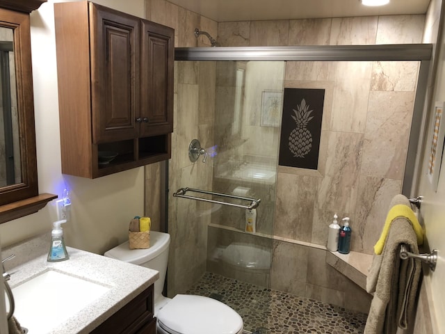 bathroom featuring vanity, toilet, and a shower with door