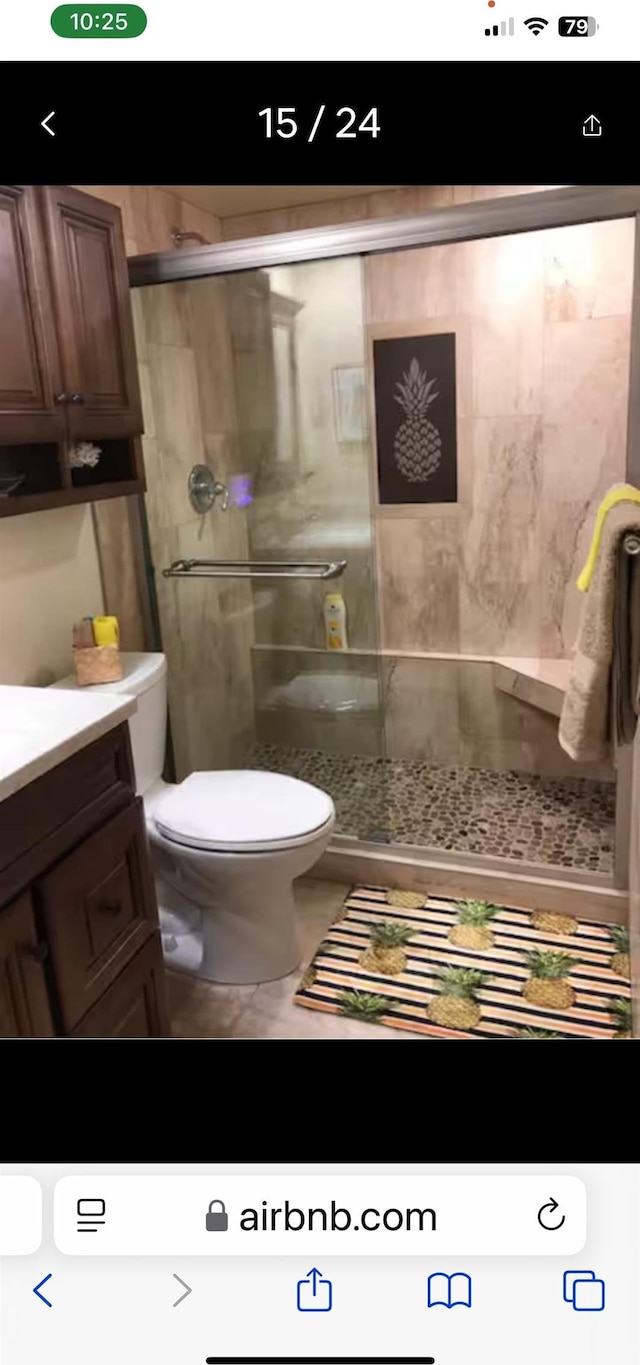 bathroom featuring walk in shower, vanity, and toilet